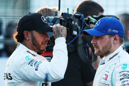(L to R): Lewis Hamilton (GBR) Mercedes AMG F1 with team mate and pole sitter Valtteri Bottas (FIN) Mercedes AMG F1 in qualifying parc ferme.
27.04.2019. Formula 1 World Championship, Rd 4, Azerbaijan Grand Prix, Baku Street Circuit, Azerbaijan, Qualifying Day.
- www.xpbimages.com, EMail: requests@xpbimages.com - copy of publication required for printed pictures. Every used picture is fee-liable. © Copyright: Moy / XPB Images