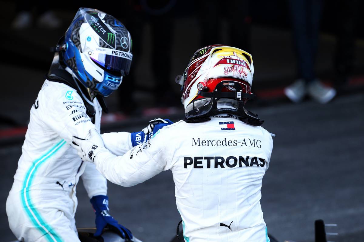 Race winner Valtteri Bottas (FIN) Mercedes AMG F1 W10 celebrates with second placed team mate Lewis Hamilton (GBR) Mercedes AMG F1 W10 in parc ferme.