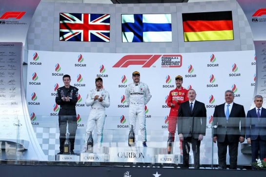 The podium (L to R): Lewis Hamilton (GBR) Mercedes AMG F1, second; Valtteri Bottas (FIN) Mercedes AMG F1, race winner; Sebastian Vettel (GER) Ferrari, third.
28.04.2019. Formula 1 World Championship, Rd 4, Azerbaijan Grand Prix, Baku Street Circuit, Azerbaijan, Race Day.
- www.xpbimages.com, EMail: requests@xpbimages.com - copy of publication required for printed pictures. Every used picture is fee-liable. © Copyright: Moy / XPB Images