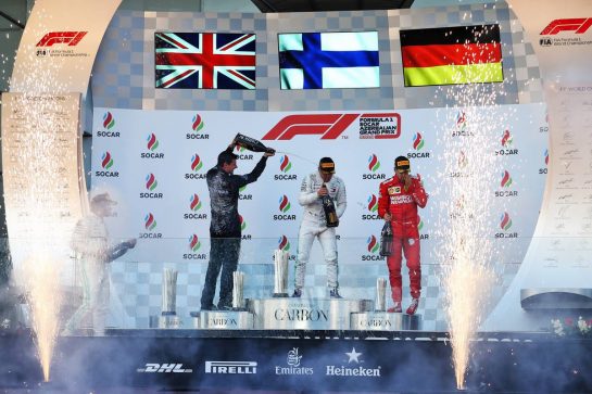 The podium (L to R): Lewis Hamilton (GBR) Mercedes AMG F1, second; Valtteri Bottas (FIN) Mercedes AMG F1, race winner; Sebastian Vettel (GER) Ferrari, third.
28.04.2019. Formula 1 World Championship, Rd 4, Azerbaijan Grand Prix, Baku Street Circuit, Azerbaijan, Race Day.
- www.xpbimages.com, EMail: requests@xpbimages.com - copy of publication required for printed pictures. Every used picture is fee-liable. © Copyright: Moy / XPB Images