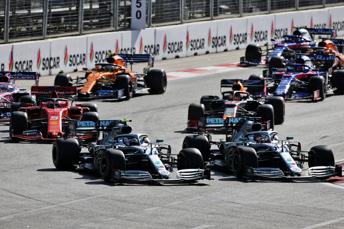 Valtteri Bottas (FIN) Mercedes AMG F1 W10 and Lewis Hamilton (GBR) Mercedes AMG F1 W10 lead at the start of the race.