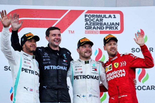 The podium (L to R): Lewis Hamilton (GBR) Mercedes AMG F1, second; Valtteri Bottas (FIN) Mercedes AMG F1, race winner; Sebastian Vettel (GER) Ferrari, third.
28.04.2019. Formula 1 World Championship, Rd 4, Azerbaijan Grand Prix, Baku Street Circuit, Azerbaijan, Race Day.
- www.xpbimages.com, EMail: requests@xpbimages.com - copy of publication required for printed pictures. Every used picture is fee-liable. © Copyright: Photo4 / XPB Images