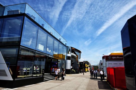 Racing Point F1 Team motorhome.
09.05.2019. Formula 1 World Championship, Rd 5, Spanish Grand Prix, Barcelona, Spain, Preparation Day.
- www.xpbimages.com, EMail: requests@xpbimages.com - copy of publication required for printed pictures. Every used picture is fee-liable. © Copyright: Moy / XPB Images