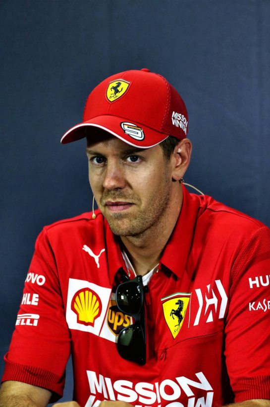 Sebastian Vettel (GER) Ferrari in the FIA Press Conference.
09.05.2019. Formula 1 World Championship, Rd 5, Spanish Grand Prix, Barcelona, Spain, Preparation Day.
- www.xpbimages.com, EMail: requests@xpbimages.com - copy of publication required for printed pictures. Every used picture is fee-liable. © Copyright: Moy / XPB Images