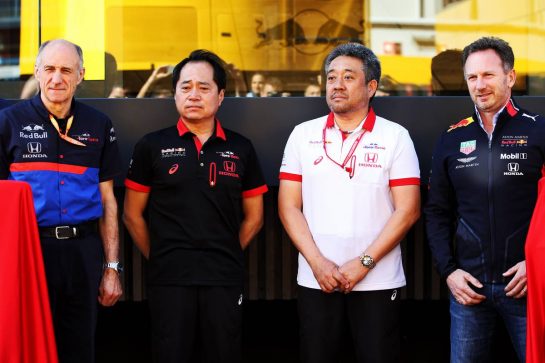(L to R): Franz Tost (AUT) Scuderia Toro Rosso Team Principal; Toyoharu Tanabe (JPN) Honda Racing F1 Technical Director; Masashi Yamamoto (JPN) Honda Racing F1 Managing Director; Christian Horner (GBR) Red Bull Racing Team Principal.
09.05.2019. Formula 1 World Championship, Rd 5, Spanish Grand Prix, Barcelona, Spain, Preparation Day.
- www.xpbimages.com, EMail: requests@xpbimages.com - copy of publication required for printed pictures. Every used picture is fee-liable. © Copyright: Batchelor / XPB Images