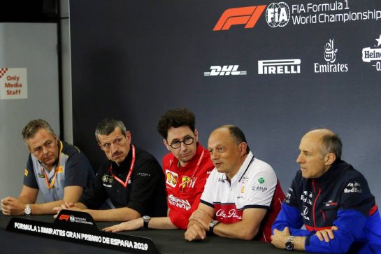 The FIA Press Conference (L to R): Mario Isola (ITA) Pirelli Racing Manager; Guenther Steiner (ITA) Haas F1 Team Prinicipal; Mattia Binotto (ITA) Ferrari Team Principal; Frederic Vasseur (FRA) Alfa Romeo Racing Team Principal; Franz Tost (AUT) Scuderia Toro Rosso Team Principal.
10.05.2019. Formula 1 World Championship, Rd 5, Spanish Grand Prix, Barcelona, Spain, Practice Day.
- www.xpbimages.com, EMail: requests@xpbimages.com - copy of publication required for printed pictures. Every used picture is fee-liable. © Copyright: Moy / XPB Images