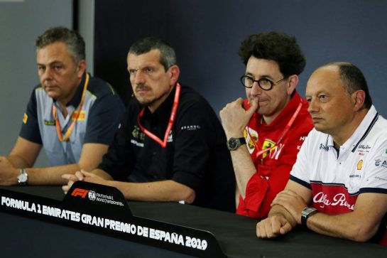 The FIA Press Conference (L to R): Mario Isola (ITA) Pirelli Racing Manager; Guenther Steiner (ITA) Haas F1 Team Prinicipal; Mattia Binotto (ITA) Ferrari Team Principal; Frederic Vasseur (FRA) Alfa Romeo Racing Team Principal.
10.05.2019. Formula 1 World Championship, Rd 5, Spanish Grand Prix, Barcelona, Spain, Practice Day.
- www.xpbimages.com, EMail: requests@xpbimages.com - copy of publication required for printed pictures. Every used picture is fee-liable. © Copyright: Moy / XPB Images