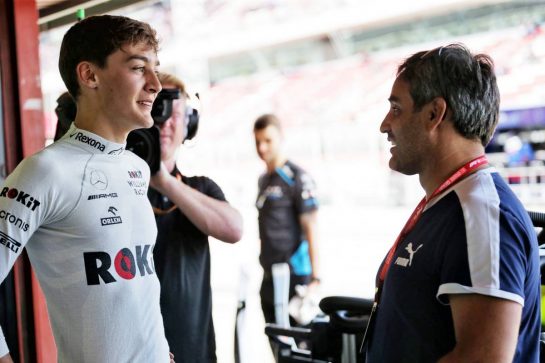 George Russell (GBR) Williams Racing with Juan Pablo Montoya (COL).
11.05.2019. Formula 1 World Championship, Rd 5, Spanish Grand Prix, Barcelona, Spain, Qualifying Day.
 - www.xpbimages.com, EMail: requests@xpbimages.com - copy of publication required for printed pictures. Every used picture is fee-liable. © Copyright: Bearne / XPB Images