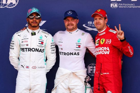 Qualifying top three in parc ferme (L to R): Lewis Hamilton (GBR) Mercedes AMG F1, second; Valtteri Bottas (FIN) Mercedes AMG F1, pole position; Sebastian Vettel (GER) Ferrari, third.
11.05.2019. Formula 1 World Championship, Rd 5, Spanish Grand Prix, Barcelona, Spain, Qualifying Day.
- www.xpbimages.com, EMail: requests@xpbimages.com - copy of publication required for printed pictures. Every used picture is fee-liable. © Copyright: Photo4 / XPB Images