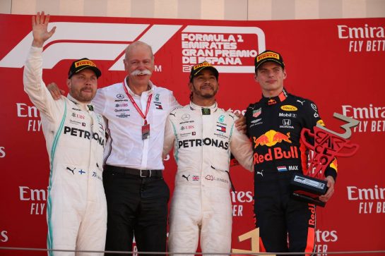 1st place Lewis Hamilton (GBR) Mercedes AMG F1 W10, 2nd Valtteri Bottas (FIN) Mercedes AMG F1, 3rd place Max Verstappen (NLD) Red Bull Racing RB15 and Dr. Dieter Zetsche (GER) as Daimler AG CEO.
12.05.2019. Formula 1 World Championship, Rd 5, Spanish Grand Prix, Barcelona, Spain, Race Day.
- www.xpbimages.com, EMail: requests@xpbimages.com - copy of publication required for printed pictures. Every used picture is fee-liable. © Copyright: Batchelor / XPB Images