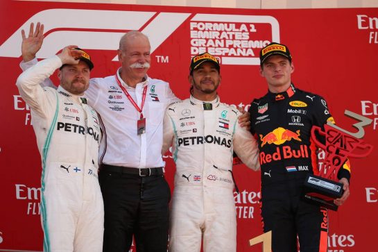 1st place Lewis Hamilton (GBR) Mercedes AMG F1 W10, 2nd Valtteri Bottas (FIN) Mercedes AMG F1, 3rd place Max Verstappen (NLD) Red Bull Racing RB15 and Dr. Dieter Zetsche (GER) as Daimler AG CEO.
12.05.2019. Formula 1 World Championship, Rd 5, Spanish Grand Prix, Barcelona, Spain, Race Day.
- www.xpbimages.com, EMail: requests@xpbimages.com - copy of publication required for printed pictures. Every used picture is fee-liable. © Copyright: Batchelor / XPB Images