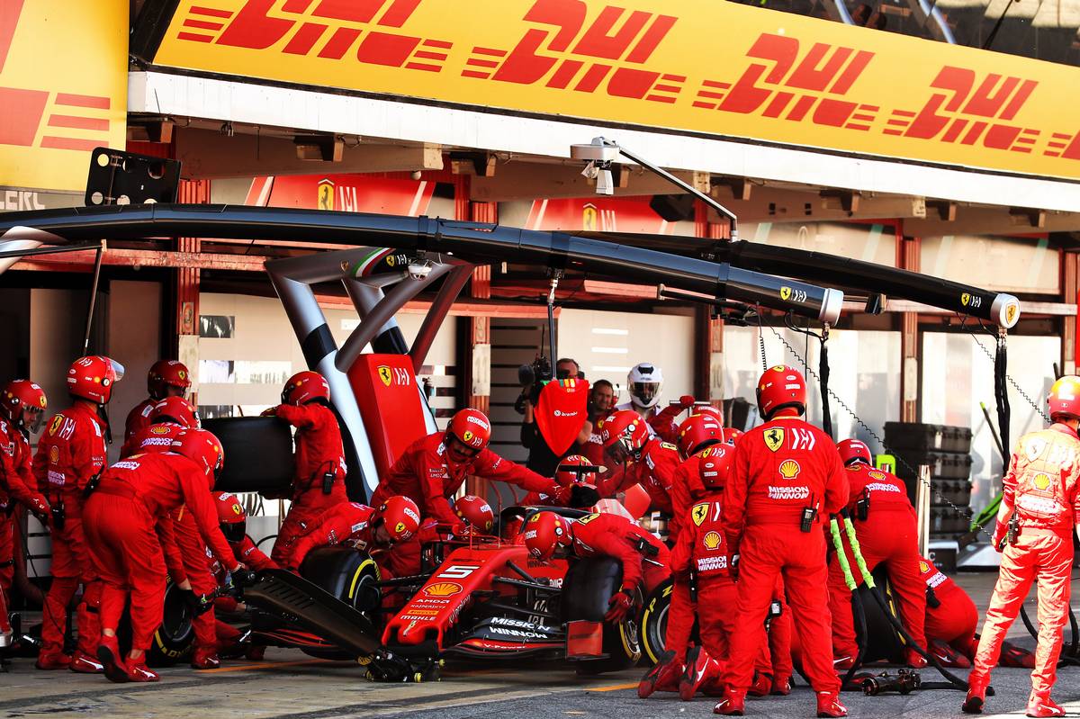 Sebastian Vettel (GER) Ferrari SF90 makes a pit stop.