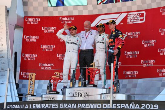 The podium (L to R): Valtteri Bottas (FIN) Mercedes AMG F1, second; Dr. Dieter Zetsche (GER) Daimler AG CEO; Lewis Hamilton (GBR) Mercedes AMG F1, race winner; Max Verstappen (NLD) Red Bull Racing, third.
12.05.2019. Formula 1 World Championship, Rd 5, Spanish Grand Prix, Barcelona, Spain, Race Day.
- www.xpbimages.com, EMail: requests@xpbimages.com - copy of publication required for printed pictures. Every used picture is fee-liable. © Copyright: Moy / XPB Images