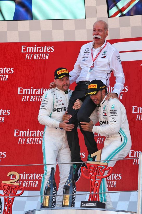The podium (L to R): Valtteri Bottas (FIN) Mercedes AMG F1, second; Dr. Dieter Zetsche (GER) Daimler AG CEO; Lewis Hamilton (GBR) Mercedes AMG F1, race winner.
12.05.2019. Formula 1 World Championship, Rd 5, Spanish Grand Prix, Barcelona, Spain, Race Day.
- www.xpbimages.com, EMail: requests@xpbimages.com - copy of publication required for printed pictures. Every used picture is fee-liable. © Copyright: Moy / XPB Images