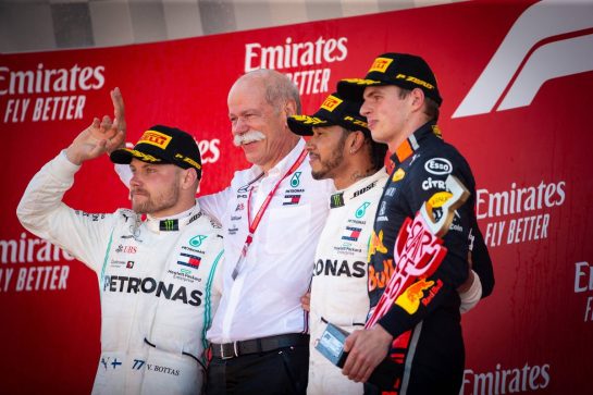 The podium (L to R): Valtteri Bottas (FIN) Mercedes AMG F1, second; Dr. Dieter Zetsche (GER) Daimler AG CEO; Lewis Hamilton (GBR) Mercedes AMG F1, race winner; Max Verstappen (NLD) Red Bull Racing, third.
12.05.2019. Formula 1 World Championship, Rd 5, Spanish Grand Prix, Barcelona, Spain, Race Day.
- www.xpbimages.com, EMail: requests@xpbimages.com - copy of publication required for printed pictures. Every used picture is fee-liable. © Copyright: Bearne / XPB Images