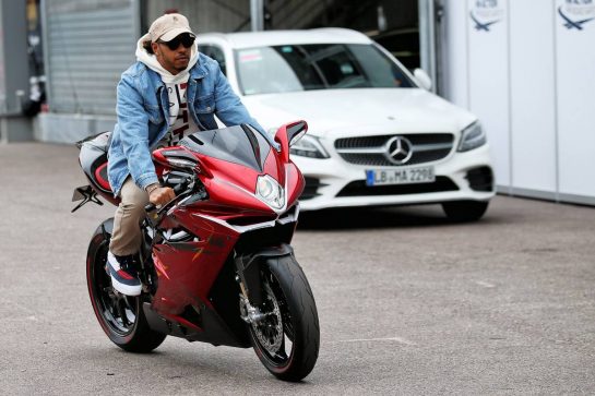 Lewis Hamilton (GBR) Mercedes AMG F1 with his MV Agusta Brutale 800 RR LH44.
22.05.2019. Formula 1 World Championship, Rd 6, Monaco Grand Prix, Monte Carlo, Monaco, Preparation Day.
- www.xpbimages.com, EMail: requests@xpbimages.com - copy of publication required for printed pictures. Every used picture is fee-liable. © Copyright: Batchelor / XPB Images