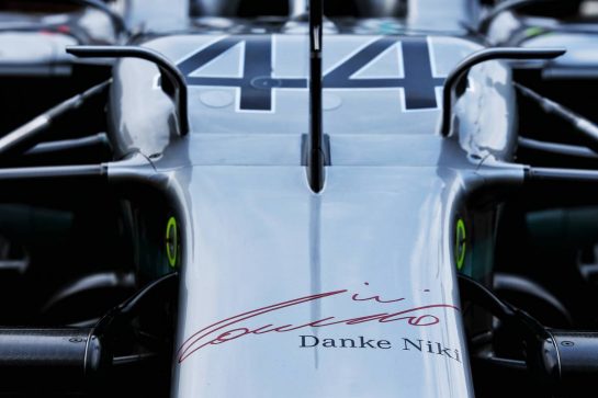 The Mercedes AMG F1 W10 of Lewis Hamilton (GBR) with a tribute to Niki Lauda.
22.05.2019. Formula 1 World Championship, Rd 6, Monaco Grand Prix, Monte Carlo, Monaco, Preparation Day.
- www.xpbimages.com, EMail: requests@xpbimages.com - copy of publication required for printed pictures. Every used picture is fee-liable. © Copyright: Batchelor / XPB Images