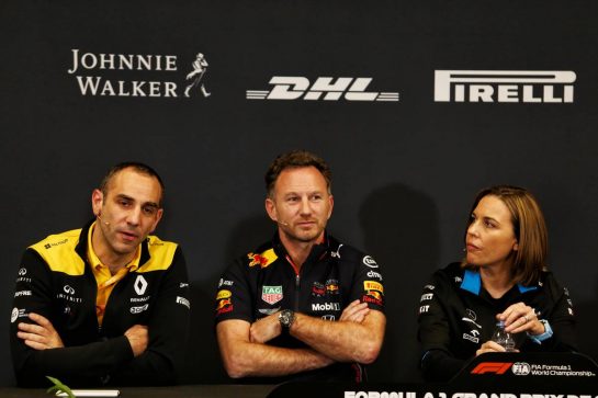 The FIA Press Conference (L to R): Cyril Abiteboul (FRA) Renault Sport F1 Managing Director; Christian Horner (GBR) Red Bull Racing Team Principal; Claire Williams (GBR) Williams Racing Deputy Team Principal.
23.05.2019. Formula 1 World Championship, Rd 6, Monaco Grand Prix, Monte Carlo, Monaco, Practice Day.
- www.xpbimages.com, EMail: requests@xpbimages.com - copy of publication required for printed pictures. Every used picture is fee-liable. © Copyright: Moy / XPB Images