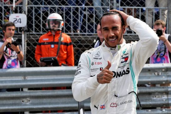 Race winner Lewis Hamilton (GBR) Mercedes AMG F1 celebrates in qualifying parc ferme.
25.05.2019. Formula 1 World Championship, Rd 6, Monaco Grand Prix, Monte Carlo, Monaco, Qualifying Day.
- www.xpbimages.com, EMail: requests@xpbimages.com - copy of publication required for printed pictures. Every used picture is fee-liable. © Copyright: Batchelor / XPB Images