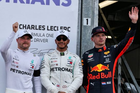 Qualifying top three in parc ferme (L to R): Valtteri Bottas (FIN) Mercedes AMG F1, second; Lewis Hamilton (GBR) Mercedes AMG F1, pole position; Max Verstappen (NLD) Red Bull Racing, third.
25.05.2019. Formula 1 World Championship, Rd 6, Monaco Grand Prix, Monte Carlo, Monaco, Qualifying Day.
- www.xpbimages.com, EMail: requests@xpbimages.com - copy of publication required for printed pictures. Every used picture is fee-liable. © Copyright: Batchelor / XPB Images