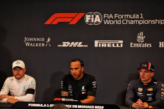The post qualifying FIA Press Conference (L to R): Valtteri Bottas (FIN) Mercedes AMG F1, second; Lewis Hamilton (GBR) Mercedes AMG F1, pole position; Max Verstappen (NLD) Red Bull Racing, third.
25.05.2019. Formula 1 World Championship, Rd 6, Monaco Grand Prix, Monte Carlo, Monaco, Qualifying Day.
- www.xpbimages.com, EMail: requests@xpbimages.com - copy of publication required for printed pictures. Every used picture is fee-liable. © Copyright: Batchelor / XPB Images
