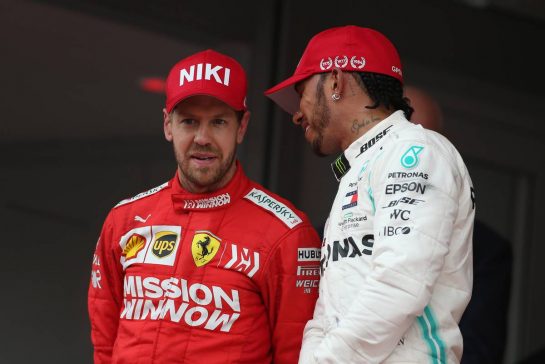 Sebastian Vettel (GER), Scuderia Ferrari and Lewis Hamilton (GBR), Mercedes AMG F1  26.05.2019. Formula 1 World Championship, Rd 6, Monaco Grand Prix, Monte Carlo, Monaco, Race Day.- www.xpbimages.com, EMail: requests@xpbimages.com - copy of publication required for printed pictures. Every used picture is fee-liable. © Copyright: Charniaux / XPB Images