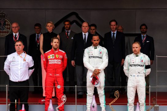 The podium (L to R): Ron Meadows (GBR) Mercedes GP Team Manager; Sebastian Vettel (GER) Ferrari second; Lewis Hamilton (GBR) Mercedes AMG F1, race winner; Valtteri Bottas (FIN) Mercedes AMG F1, third.
26.05.2019. Formula 1 World Championship, Rd 6, Monaco Grand Prix, Monte Carlo, Monaco, Race Day.
- www.xpbimages.com, EMail: requests@xpbimages.com - copy of publication required for printed pictures. Every used picture is fee-liable. © Copyright: Photo4 / XPB Images