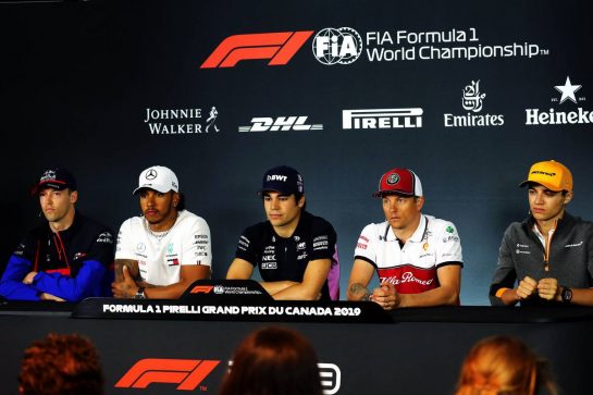 The FIA Press Conference (L to R): Daniil Kvyat (RUS) Scuderia Toro Rosso; Lewis Hamilton (GBR) Mercedes AMG F1; Lance Stroll (CDN) Racing Point F1 Team; Kimi Raikkonen (FIN) Alfa Romeo Racing; Lando Norris (GBR) McLaren.
06.06.2019. Formula 1 World Championship, Rd 7, Canadian Grand Prix, Montreal, Canada, Preparation Day.
- www.xpbimages.com, EMail: requests@xpbimages.com - copy of publication required for printed pictures. Every used picture is fee-liable. © Copyright: Photo4 / XPB Images
