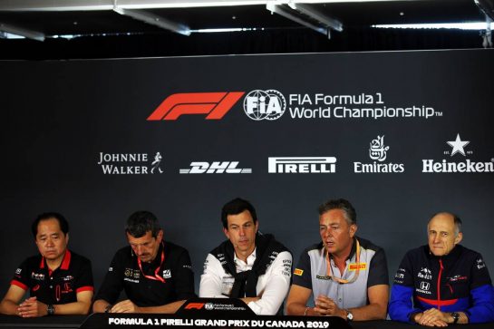 The FIA Press Conference (L to R): Toyoharu Tanabe (JPN) Honda Racing F1 Technical Director; Guenther Steiner (ITA) Haas F1 Team Prinicipal; Toto Wolff (GER) Mercedes AMG F1 Shareholder and Executive Director; Mario Isola (ITA) Pirelli Racing Manager; Franz Tost (AUT) Scuderia Toro Rosso Team Principal.
07.06.2019. Formula 1 World Championship, Rd 5, Spanish Grand Prix, Barcelona, Spain, Practice Day.
- www.xpbimages.com, EMail: requests@xpbimages.com - copy of publication required for printed pictures. Every used picture is fee-liable. © Copyright: Batchelor / XPB Images