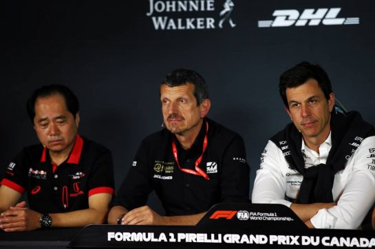 The FIA Press Conference (L to R): Toyoharu Tanabe (JPN) Honda Racing F1 Technical Director; Guenther Steiner (ITA) Haas F1 Team Prinicipal; Toto Wolff (GER) Mercedes AMG F1 Shareholder and Executive Director.
07.06.2019. Formula 1 World Championship, Rd 5, Spanish Grand Prix, Barcelona, Spain, Practice Day.
- www.xpbimages.com, EMail: requests@xpbimages.com - copy of publication required for printed pictures. Every used picture is fee-liable. © Copyright: Batchelor / XPB Images
