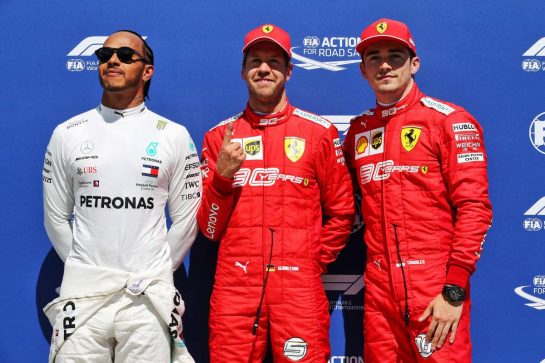 Qualifying top three in parc ferme (L to R): Lewis Hamilton (GBR) Mercedes AMG F1, second; Sebastian Vettel (GER) Ferrari, pole position; Charles Leclerc (MON) Ferrari, third.
08.06.2019. Formula 1 World Championship, Rd 7, Canadian Grand Prix, Montreal, Canada, Qualifying Day.
- www.xpbimages.com, EMail: requests@xpbimages.com - copy of publication required for printed pictures. Every used picture is fee-liable. © Copyright: Batchelor / XPB Images