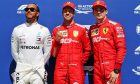 Qualifying top three in parc ferme (L to R): Lewis Hamilton (GBR) Mercedes AMG F1, second; Sebastian Vettel (GER) Ferrari, pole position; Charles Leclerc (MON) Ferrari, third.