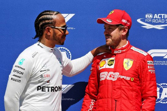 (L to R): Lewis Hamilton (GBR) Mercedes AMG F1 with pole sitter Sebastian Vettel (GER) Ferrari in qualifying parc ferme.
08.06.2019. Formula 1 World Championship, Rd 7, Canadian Grand Prix, Montreal, Canada, Qualifying Day.
- www.xpbimages.com, EMail: requests@xpbimages.com - copy of publication required for printed pictures. Every used picture is fee-liable. © Copyright: Batchelor / XPB Images