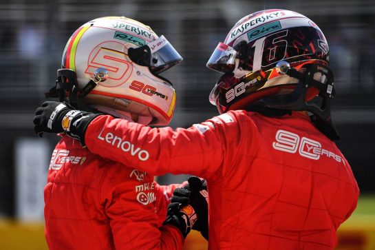 (L to R): Sebastian Vettel (GER) Ferrari celebrates his pole position in qualifying parc ferme with third placed team mate Charles Leclerc (MON) Ferrari..
08.06.2019. Formula 1 World Championship, Rd 7, Canadian Grand Prix, Montreal, Canada, Qualifying Day.
- www.xpbimages.com, EMail: requests@xpbimages.com - copy of publication required for printed pictures. Every used picture is fee-liable. © Copyright: Price / XPB Images