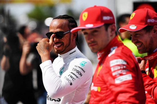 (L to R): Lewis Hamilton (GBR) Mercedes AMG F1 with Charles Leclerc (MON) Ferrari and Sebastian Vettel (GER) Ferrari in qualifying parc ferme.
08.06.2019. Formula 1 World Championship, Rd 7, Canadian Grand Prix, Montreal, Canada, Qualifying Day.
- www.xpbimages.com, EMail: requests@xpbimages.com - copy of publication required for printed pictures. Every used picture is fee-liable. © Copyright: Price / XPB Images
