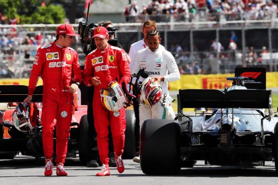 (L to R): Sebastian Vettel (GER) Ferrari; Charles Leclerc (MON) Ferrari; and Lewis Hamilton (GBR) Mercedes AMG F1, in qualifying parc ferme.
08.06.2019. Formula 1 World Championship, Rd 7, Canadian Grand Prix, Montreal, Canada, Qualifying Day.
- www.xpbimages.com, EMail: requests@xpbimages.com - copy of publication required for printed pictures. Every used picture is fee-liable. © Copyright: Photo4 / XPB Images
