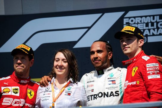 The podium (L to R): Sebastian Vettel (GER) Ferrari second; Marga Torres Diez, Mercedes AMG F1 Power Unit Engineer; Lewis Hamilton (GBR) Mercedes AMG F1, race winner; Charles Leclerc (MON) Ferrari, third.
09.06.2019. Formula 1 World Championship, Rd 7, Canadian Grand Prix, Montreal, Canada, Race Day.
- www.xpbimages.com, EMail: requests@xpbimages.com - copy of publication required for printed pictures. Every used picture is fee-liable. © Copyright: Price / XPB Images