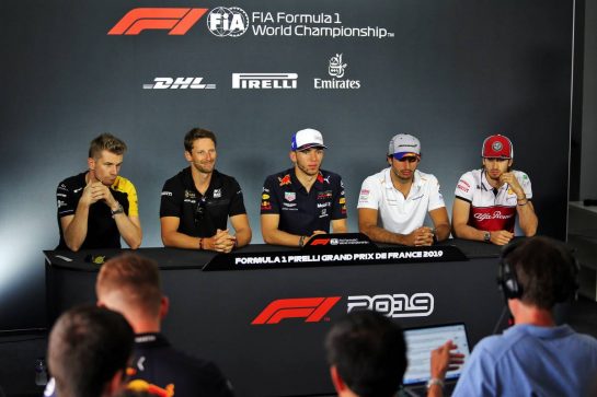 The FIA Press Conference (L to R): Nico Hulkenberg (GER) Renault F1 Team; Romain Grosjean (FRA) Haas F1 Team; Pierre Gasly (FRA) Red Bull Racing; Carlos Sainz Jr (ESP) McLaren; Antonio Giovinazzi (ITA) Alfa Romeo Racing.
20.06.2019. Formula 1 World Championship, Rd 8, French Grand Prix, Paul Ricard, France, Preparation Day.
- www.xpbimages.com, EMail: requests@xpbimages.com - copy of publication required for printed pictures. Every used picture is fee-liable. © Copyright: Moy / XPB Images