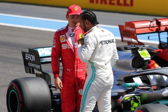 Pole sitter Lewis Hamilton (GBR) Mercedes AMG F1 in qualifying parc ferme with third placed Charles Leclerc (MON) Ferrari.
22.06.2019. Formula 1 World Championship, Rd 8, French Grand Prix, Paul Ricard, France, Qualifying Day.
 - www.xpbimages.com, EMail: requests@xpbimages.com - copy of publication required for printed pictures. Every used picture is fee-liable. © Copyright: Bearne / XPB Images