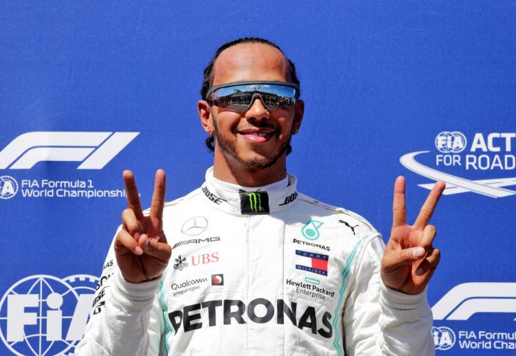 Lewis Hamilton (GBR) Mercedes AMG F1 celebrates his pole position in qualifying parc ferme.
