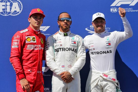 Qualifying top three in parc ferme (L to R): Valtteri Bottas (FIN) Mercedes AMG F1, second; Lewis Hamilton (GBR) Mercedes AMG F1, pole position; Charles Leclerc (MON) Ferrari, third.
22.06.2019. Formula 1 World Championship, Rd 8, French Grand Prix, Paul Ricard, France, Qualifying Day.
- www.xpbimages.com, EMail: requests@xpbimages.com - copy of publication required for printed pictures. Every used picture is fee-liable. © Copyright: Bearne / XPB Images
