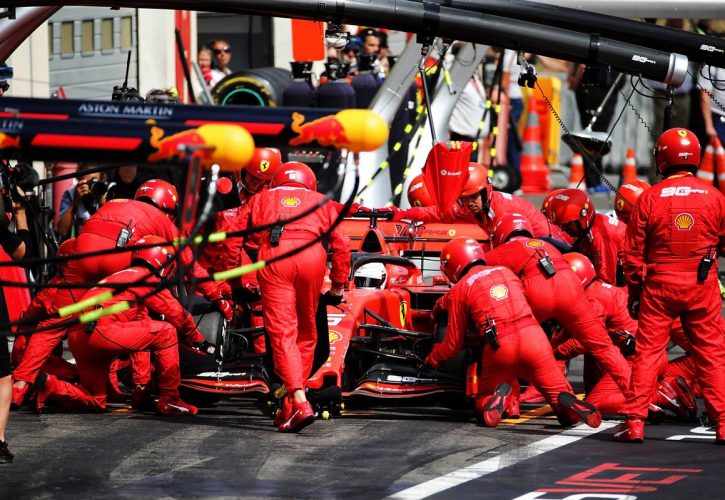 Sebastian Vettel (GER) Ferrari SF90 makes a pit stop.