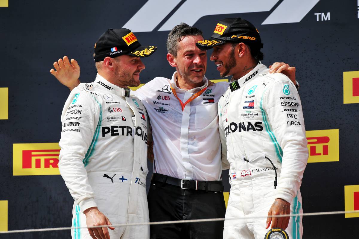 Second placed Valtteri Bottas (FIN) Mercedes AMG F1 celebrates with Nathan Divey (GBR) Mercedes AMG F1 No1 Mechanic and race winner Lewis Hamilton (GBR) Mercedes AMG F1.