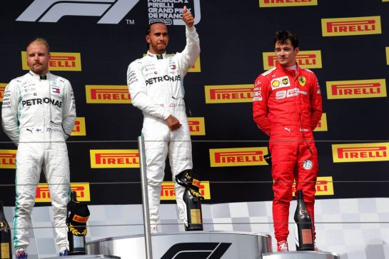 The podium (L to R): Valtteri Bottas (FIN) Mercedes AMG F1, second; Lewis Hamilton (GBR) Mercedes AMG F1, race winner; Charles Leclerc (MON) Ferrari, third.
23.06.2019. Formula 1 World Championship, Rd 8, French Grand Prix, Paul Ricard, France, Race Day.
 - www.xpbimages.com, EMail: requests@xpbimages.com - copy of publication required for printed pictures. Every used picture is fee-liable. © Copyright: Bearne / XPB Images