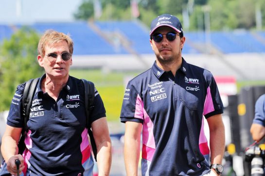 Sergio Perez (MEX) Racing Point F1 Team with Xavi Martos (ESP) Racing Point F1 Team Physio.
27.06.2019. Formula 1 World Championship, Rd 9, Austrian Grand Prix, Spielberg, Austria, Preparation Day.
 - www.xpbimages.com, EMail: requests@xpbimages.com - copy of publication required for printed pictures. Every used picture is fee-liable. © Copyright: Bearne / XPB Images
