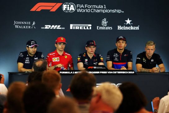 The FIA Press Conference (L to R): Sergio Perez (MEX) Racing Point F1 Team RP19; Charles Leclerc (MON) Ferrari; Max Verstappen (NLD) Red Bull Racing; Alexander Albon (THA) Scuderia Toro Rosso; Kevin Magnussen (DEN) Haas F1 Team.
27.06.2019. Formula 1 World Championship, Rd 9, Austrian Grand Prix, Spielberg, Austria, Preparation Day.
- www.xpbimages.com, EMail: requests@xpbimages.com - copy of publication required for printed pictures. Every used picture is fee-liable. © Copyright: Moy / XPB Images
