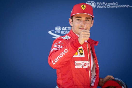 Charles Leclerc (MON) Ferrari celebrates his pole position in qualifying parc ferme.
29.06.2019. Formula 1 World Championship, Rd 9, Austrian Grand Prix, Spielberg, Austria, Qualifying Day.
 - www.xpbimages.com, EMail: requests@xpbimages.com - copy of publication required for printed pictures. Every used picture is fee-liable. © Copyright: Bearne / XPB Images