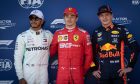 Qualifying top three in parc ferme (L to R): Lewis Hamilton (GBR) Mercedes AMG F1, second; Charles Leclerc (MON) Ferrari, pole position; Max Verstappen (NLD) Red Bull Racing, third.