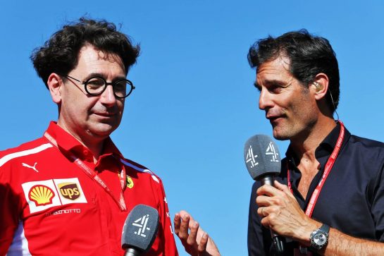 (L to R): Mattia Binotto (ITA) Ferrari Team Principal with Mark Webber (AUS) Channel 4 Presenter.
29.06.2019. Formula 1 World Championship, Rd 9, Austrian Grand Prix, Spielberg, Austria, Qualifying Day.
- www.xpbimages.com, EMail: requests@xpbimages.com - copy of publication required for printed pictures. Every used picture is fee-liable. © Copyright: Moy / XPB Images
