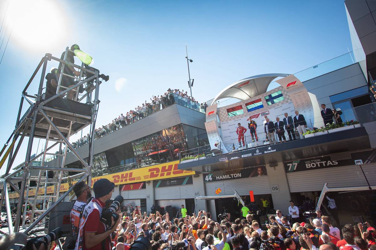 The podium (L to R): Charles Leclerc (MON) Ferrari, second; Max Verstappen (NLD) Red Bull Racing, race winner; Valtteri Bottas (FIN) Mercedes AMG F1, third.